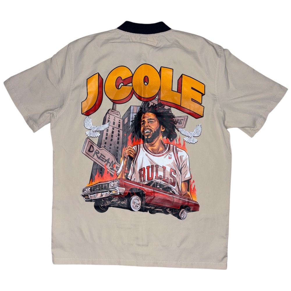 NWT J Cole Custom Graphic Beige Collared Button Up Short Sleeve Lightweight Tee